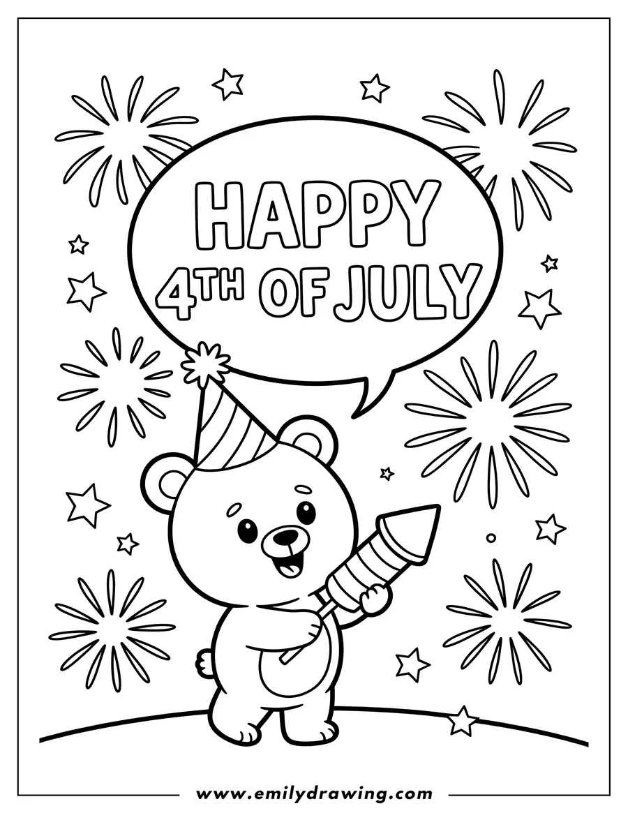 Line art of a bear holding a firework, surrounded by more fireworks and stars, with a speech bubble saying 'Happy 4th of July'.