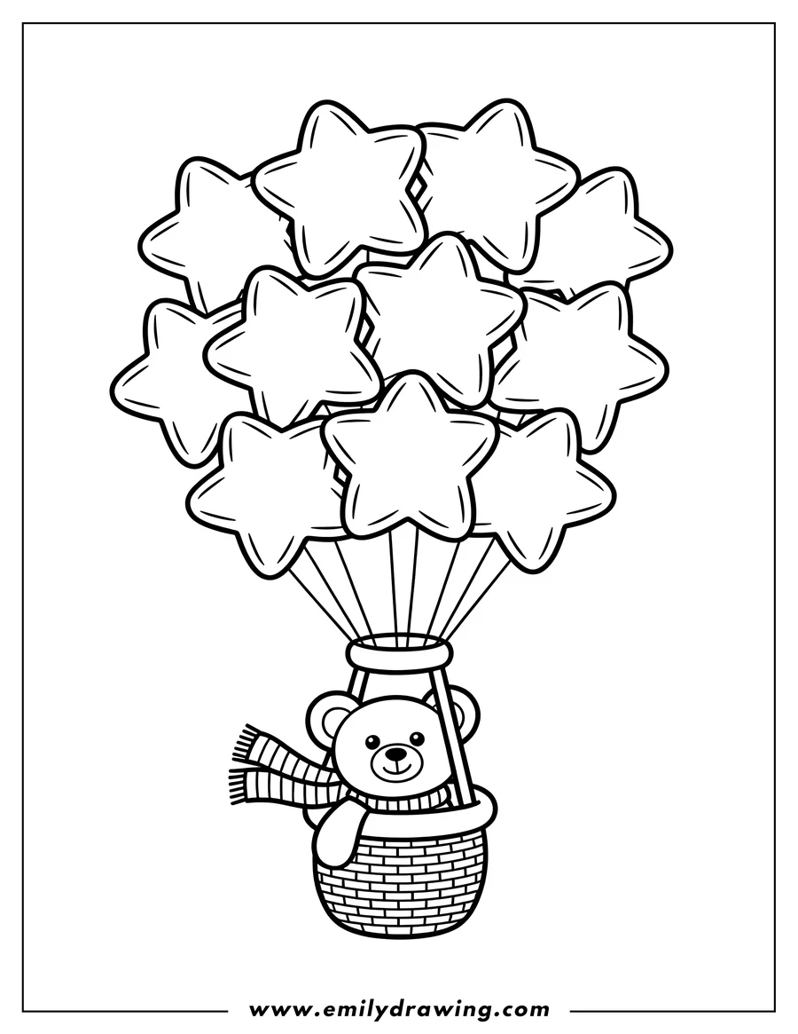 Outline of a teddy bear wearing a striped scarf, riding in the basket of a hot air balloon made of star-shaped balloons.