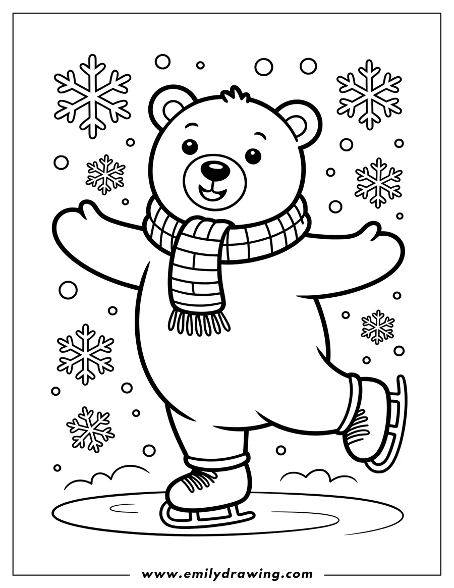Line art of a bear ice skating, wearing a scarf amidst snowflakes.