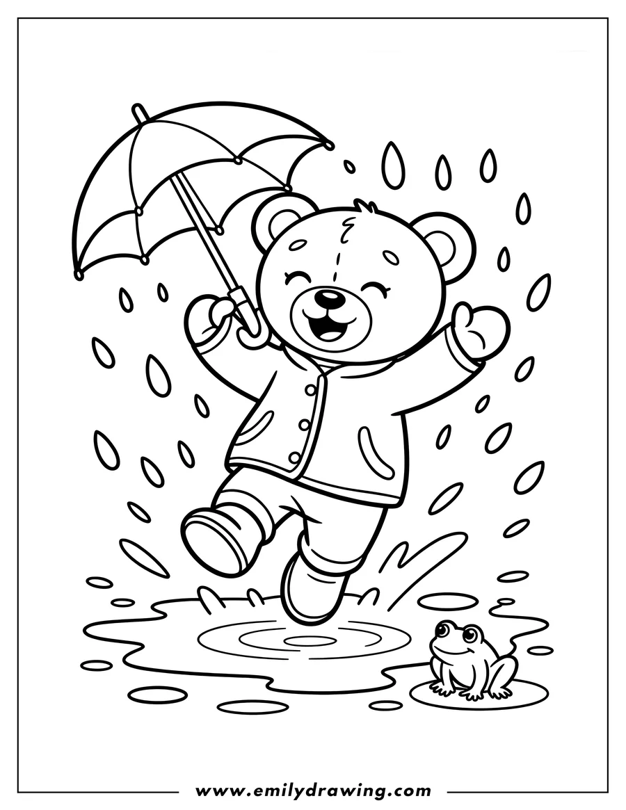 Line art of a happy bear wearing a raincoat and boots, holding an umbrella and jumping in puddles. A small frog sits on a lily pad nearby.