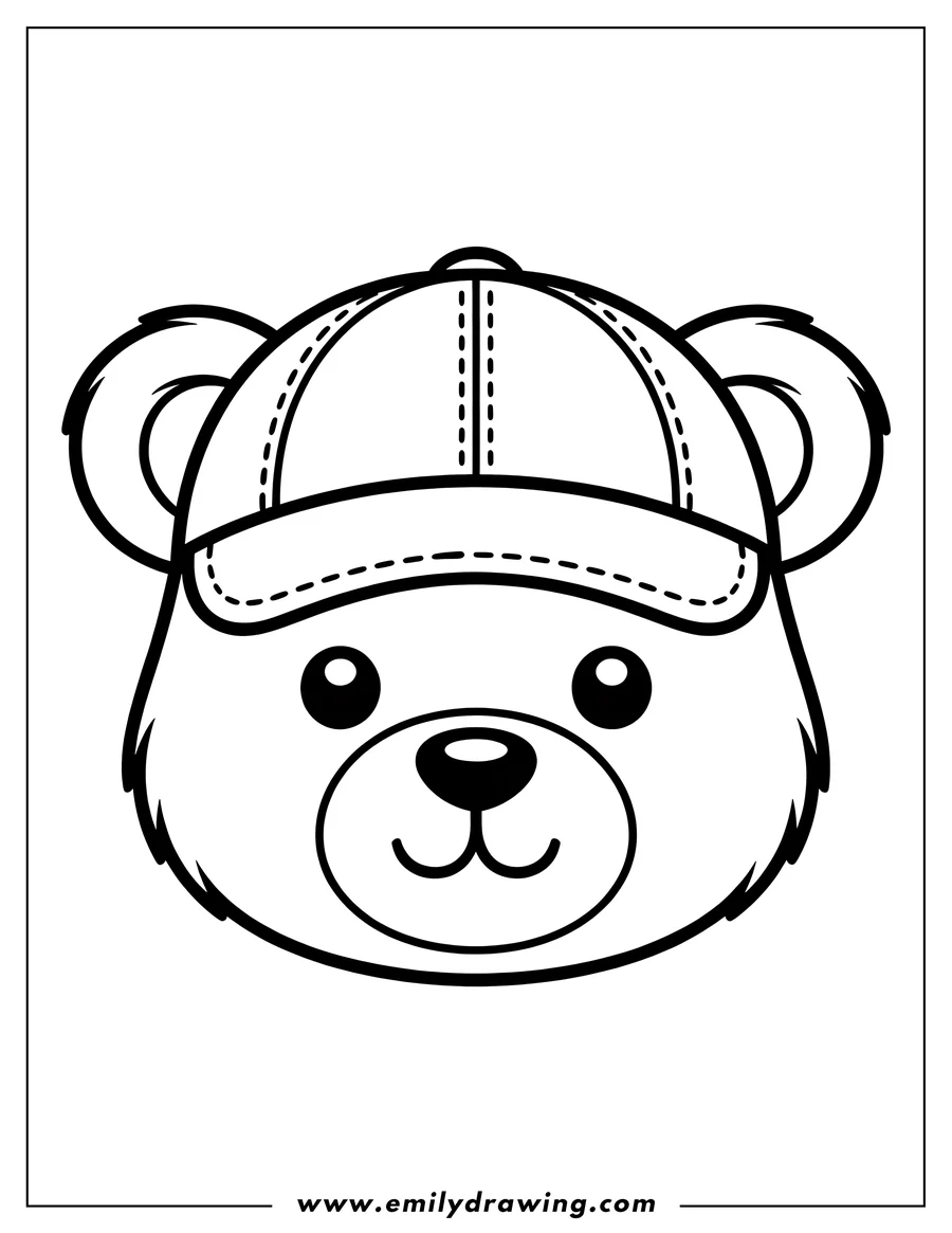 Line art of a bear's face wearing a baseball cap.