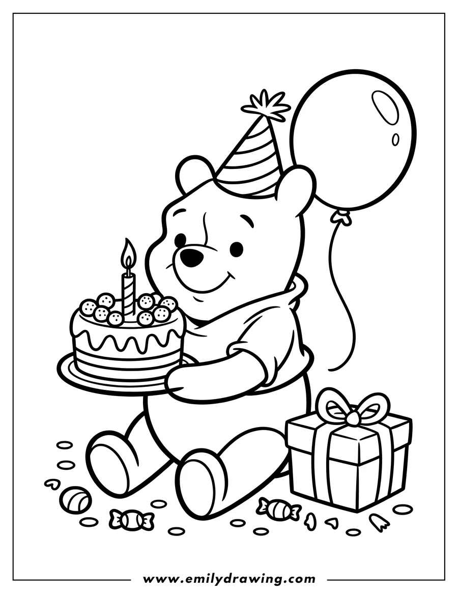 Line art of a bear wearing a party hat and holding a birthday cake with a single lit candle. A present and balloon sit beside the bear, with scattered candies on the ground.