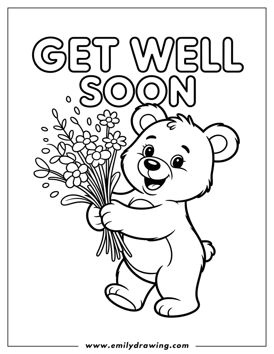 Line art of a smiling bear holding a bouquet of flowers with the words 