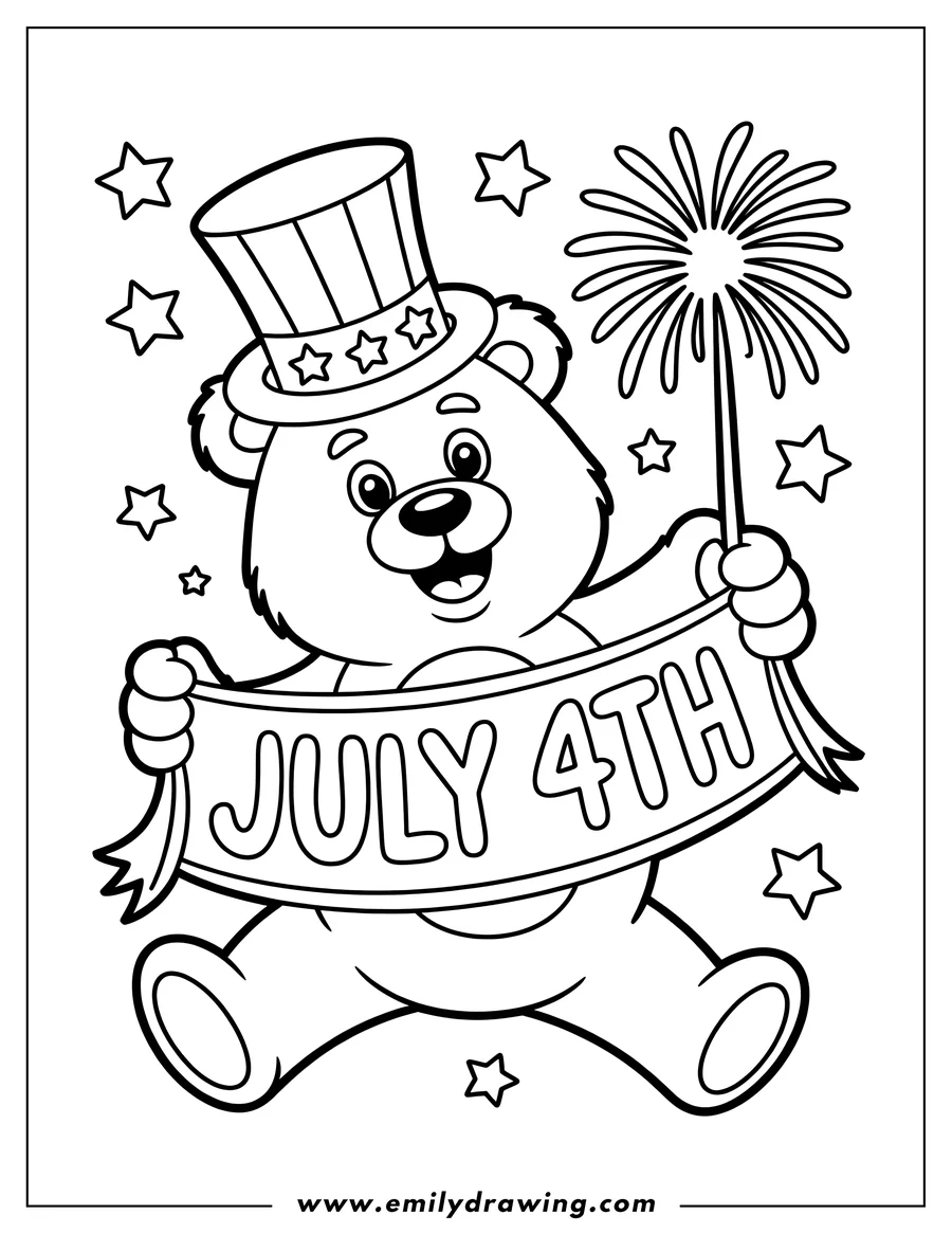 Line art of a cheerful bear wearing a patriotic top hat and holding a sparkler and a 