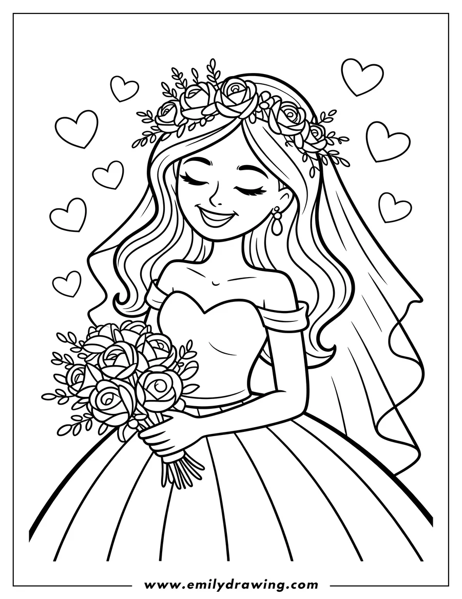 Line art of a bride in a wedding dress, holding a bouquet and wearing a floral crown, with hearts floating around her.