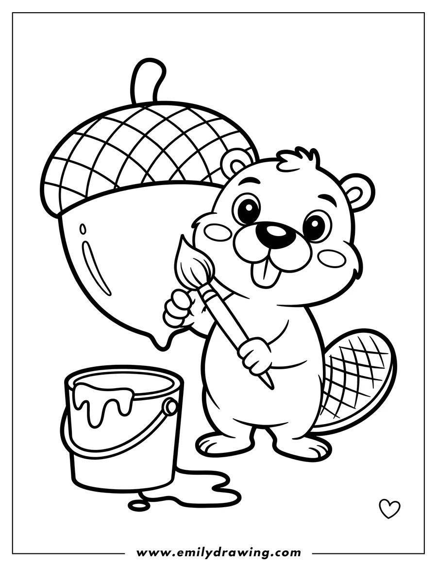 Outline of a beaver painting a large acorn with a paintbrush and a can of paint.