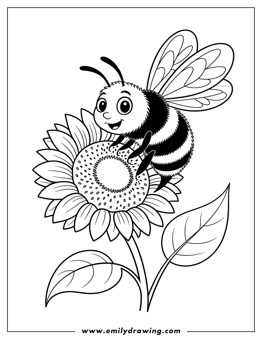 Outline of a smiling bee sitting on a sunflower