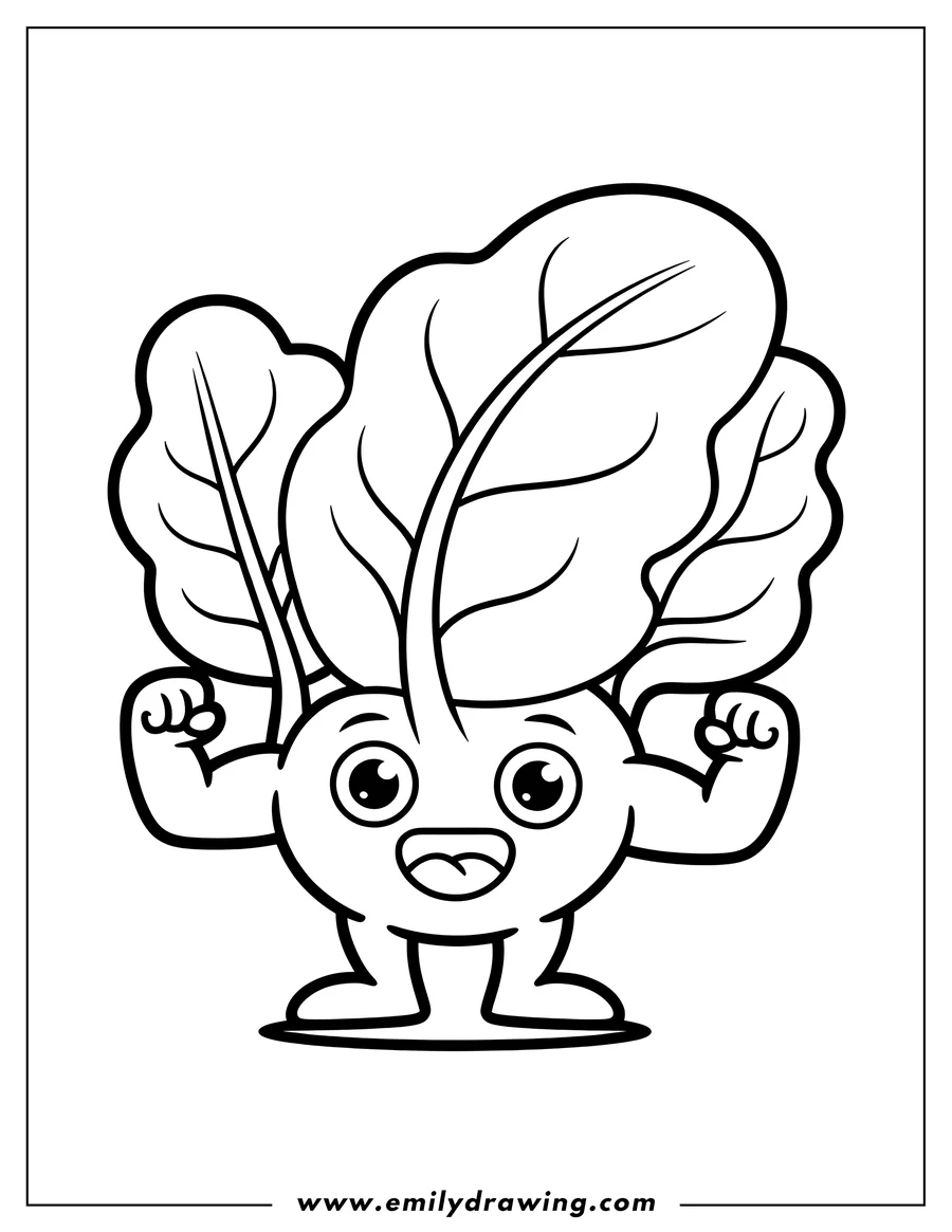 Line art of a beetroot flexing its muscles. It has a happy expression.