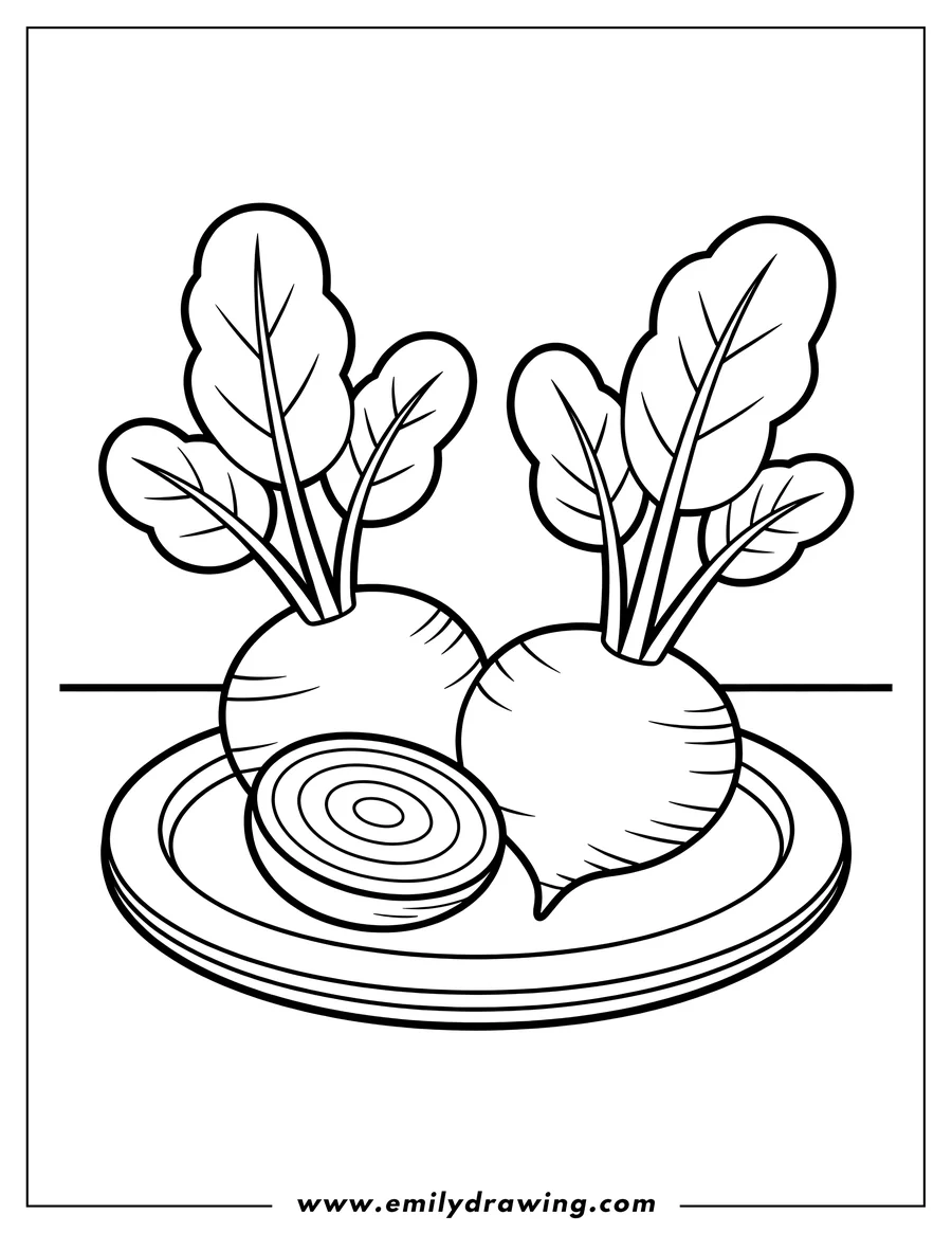 Line art of two whole beets and a beet slice on a plate.