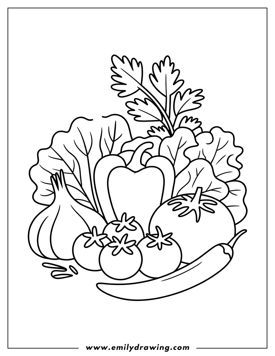 Line art of a bell pepper, a tomato, an onion, lettuce, parsley and a chili pepper arranged together.