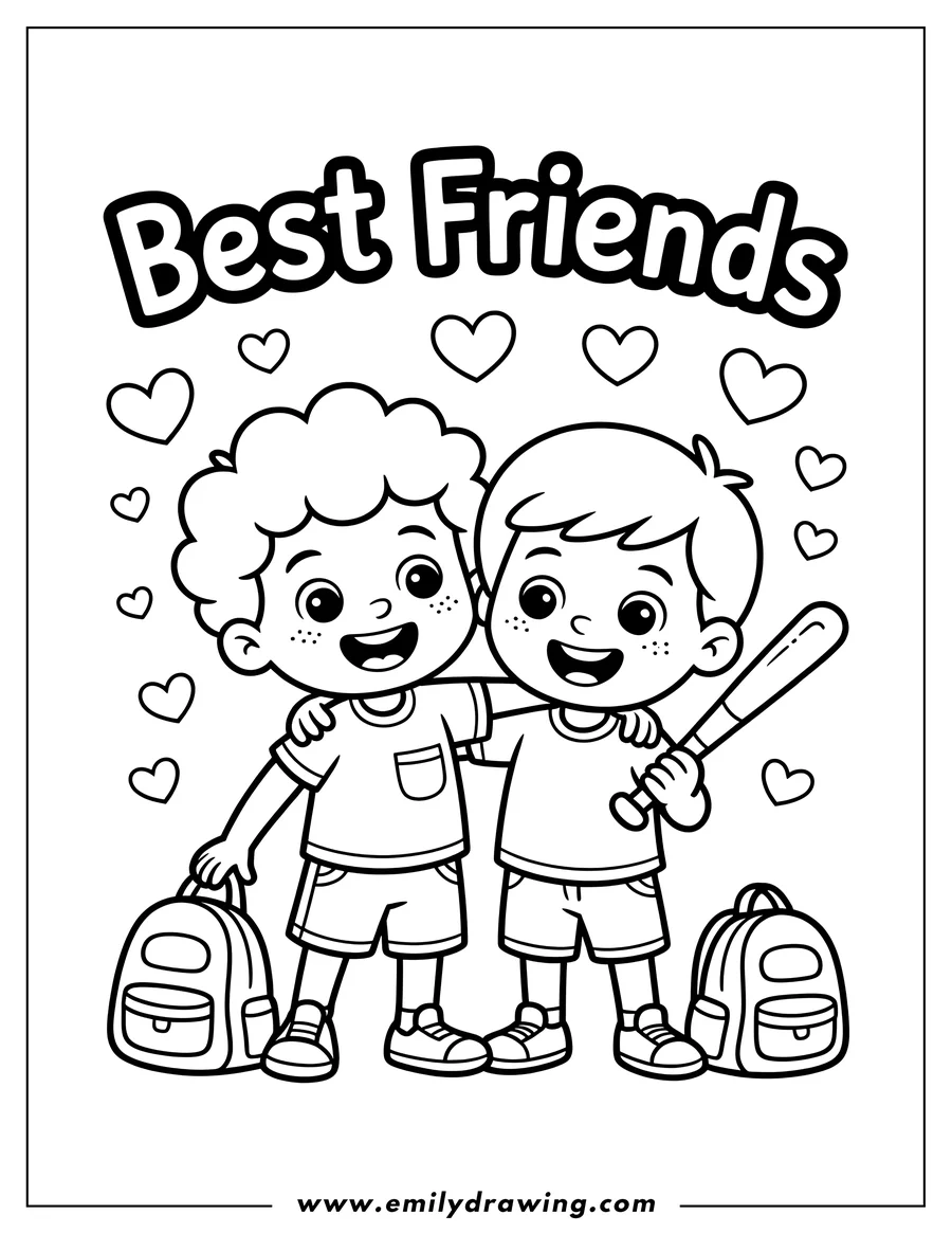 Two young children, arms around each other, stand with their backpacks. One child holds a baseball bat. Hearts float around them.