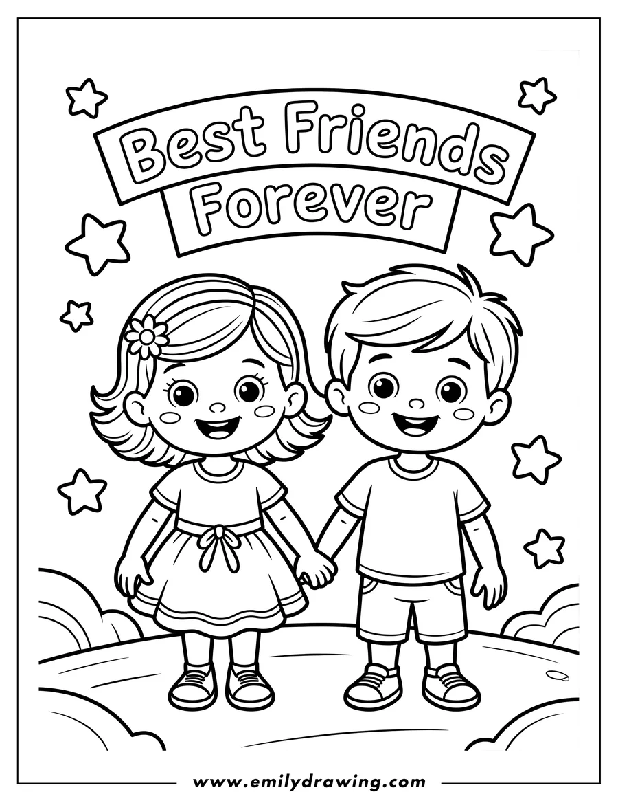 Two children holding hands and smiling, with 'Best Friends Forever' written above them.