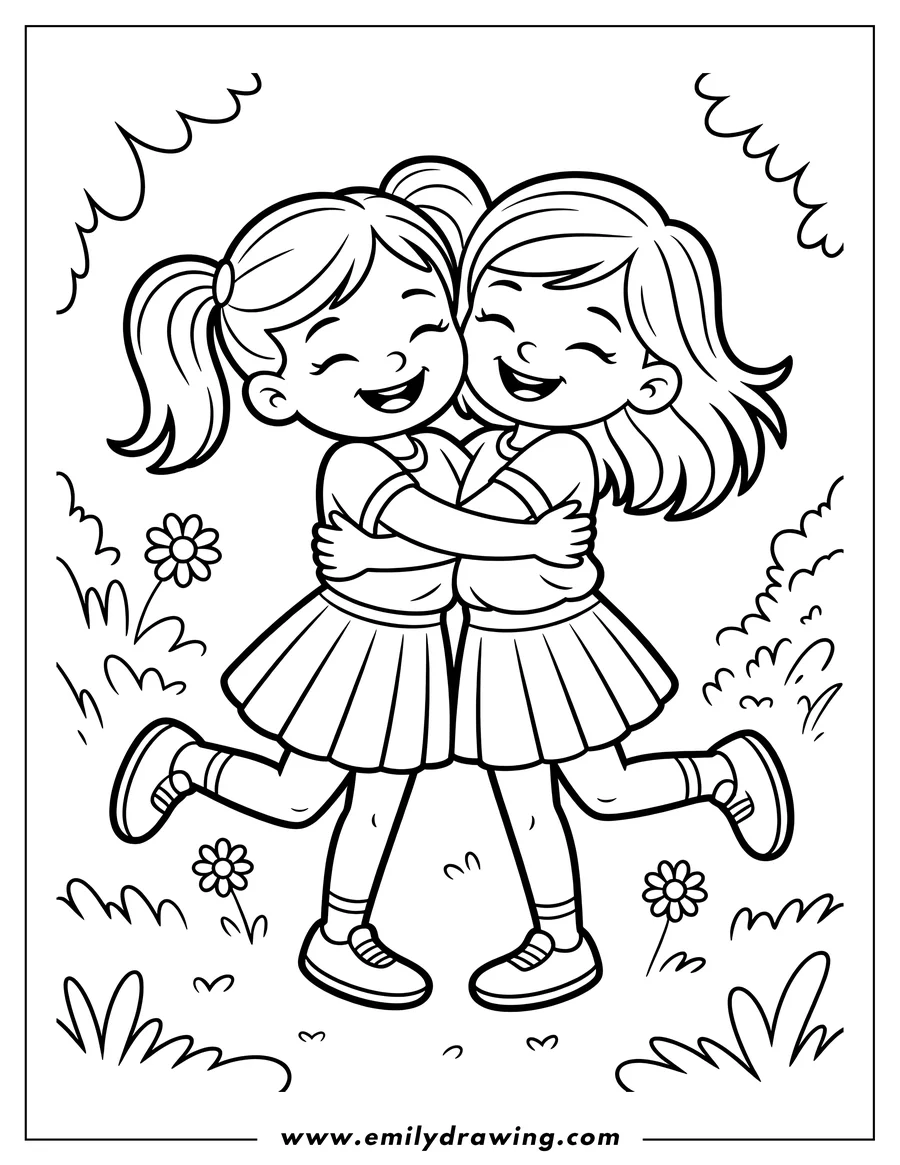 Two young girls hugging with joy, surrounded by flowers and grass.