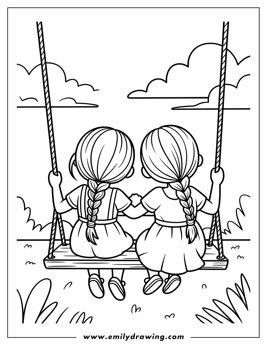 Two girls with braided hair sit together, holding hands on a wooden swing. They are facing away from the viewer. Grass and puffy clouds suggest a nice outdoor setting.