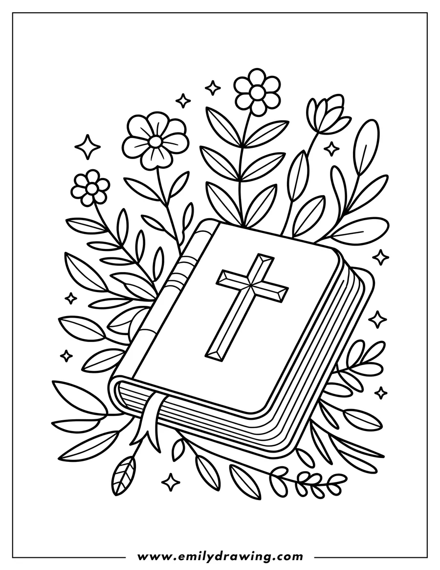 Outline of a closed Bible or religious book featuring a prominent cross on the cover. The book is nestled among lush leaves and simple daisies, accented by small sparkling shapes.