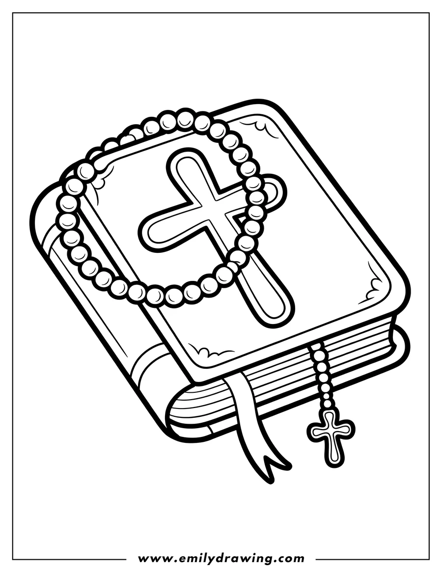 Outline of a closed Bible or religious book featuring a cross design on the cover, draped with a rosary and beads.