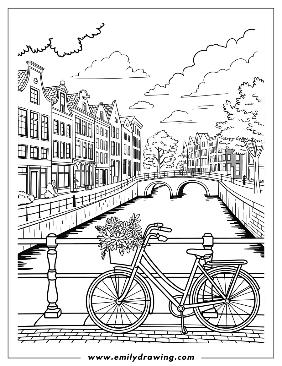 Line art of a bicycle with a basket of flowers parked beside a canal in a charming town with bridges and buildings.