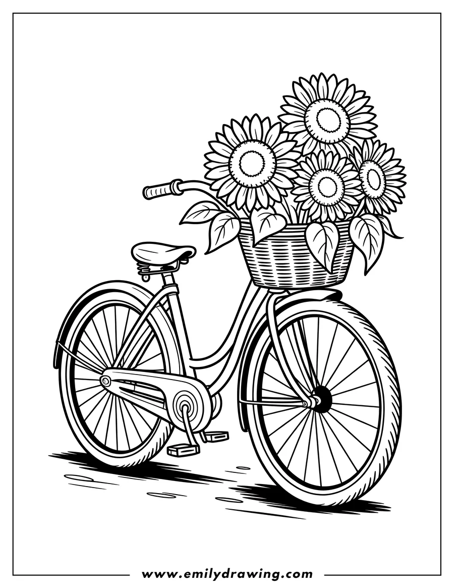 Outline of a bicycle with a basket of sunflowers. The handlebars, seat, wheels, and pedals are clearly visible. The sunflowers and their leaves fill the front basket.