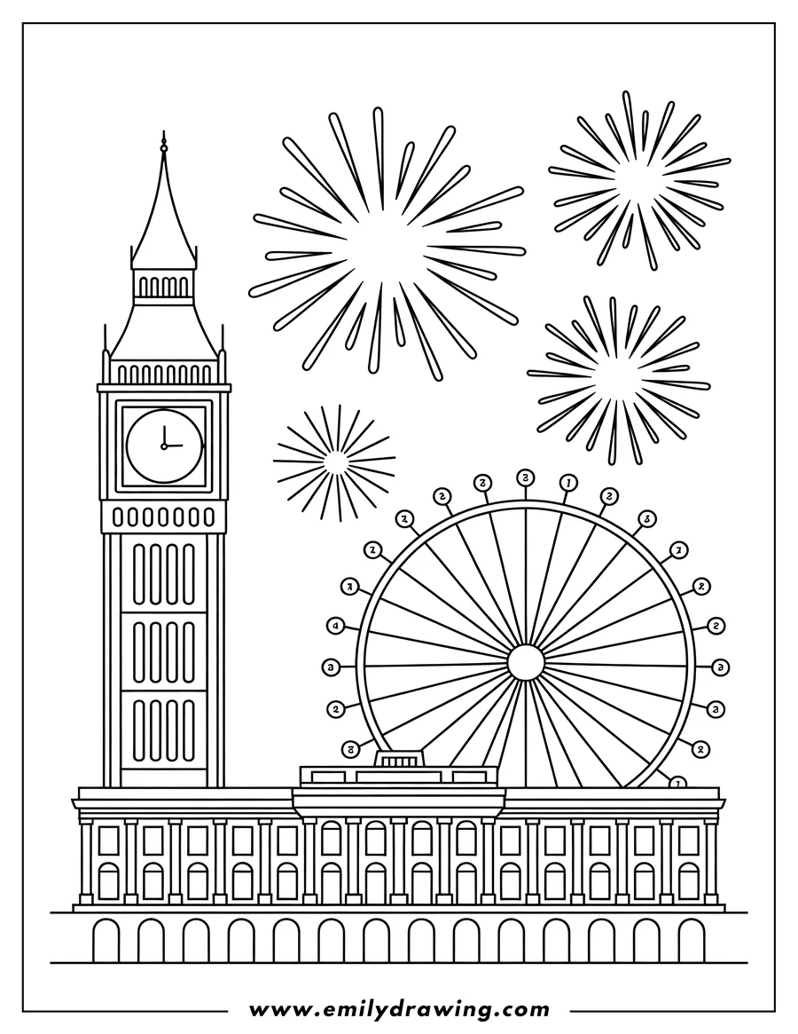 Outline of Big Ben and the London Eye with fireworks in the background.