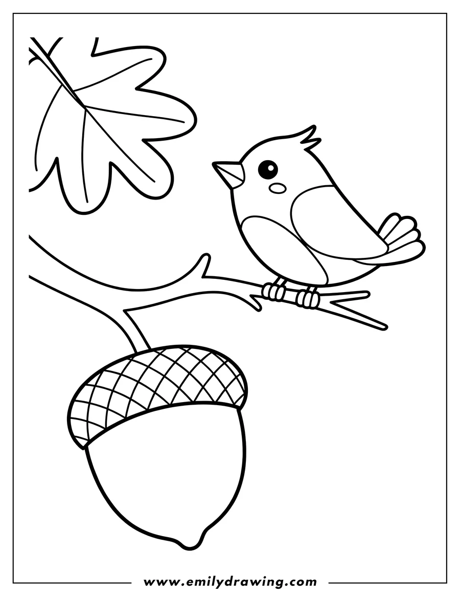 Outline of a bird perched on a branch next to an acorn and oak leaf.