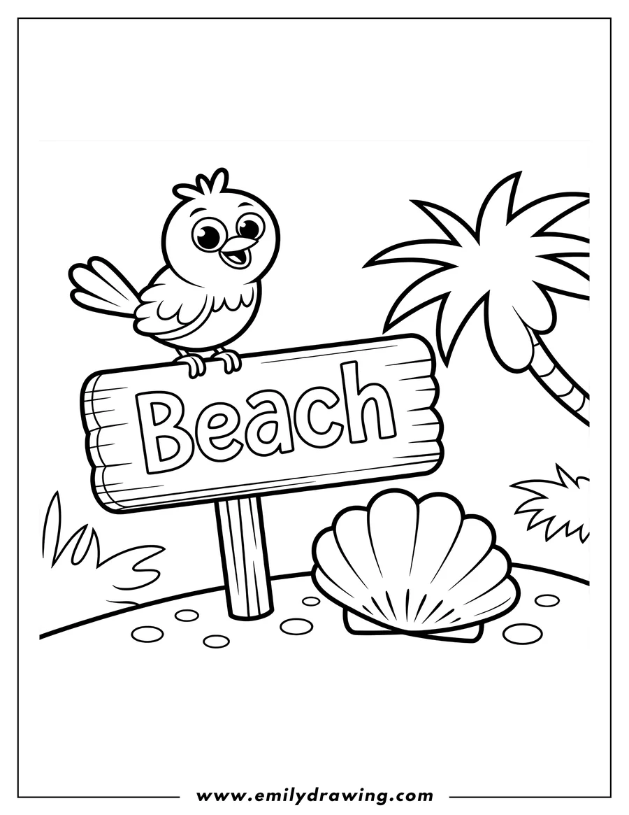 Outline of a bird perched on a beach sign with a seashell and palm tree in the background.