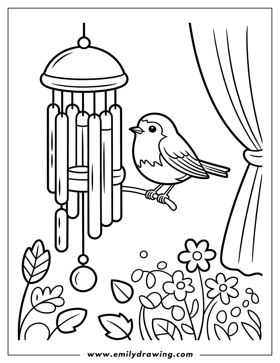 Outline of a bird perched on a branch near a wind chime, with flowers and leaves below.