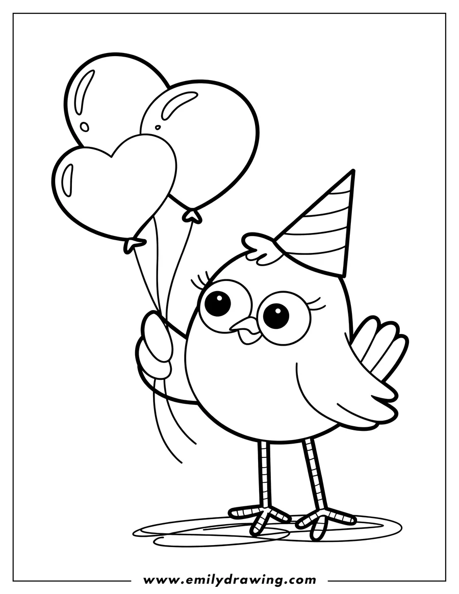 Line art of a small bird holding two round balloons and a heart-shaped balloon. The bird is wearing a striped party hat.