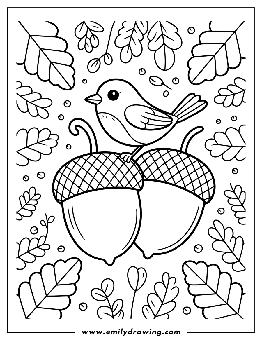 Outline of a small bird perched on two acorns, surrounded by falling oak leaves.