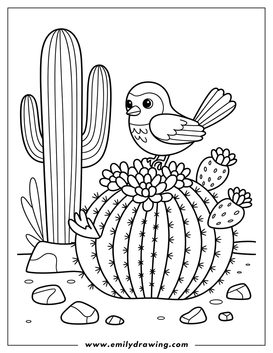 Line art of a small bird perched on a flowering barrel cactus, with a taller saguaro cactus in the background and rocks on the ground.