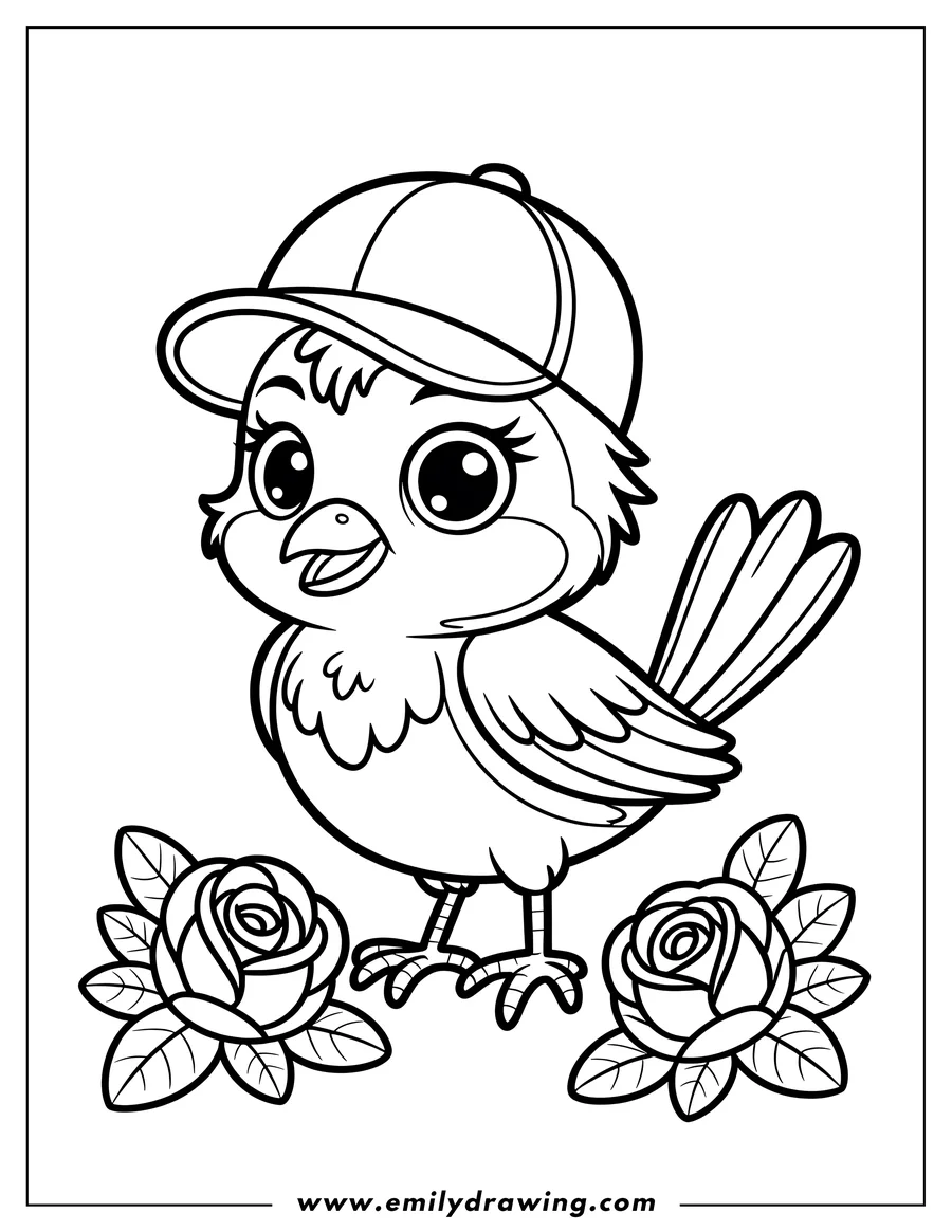 Outline of a bird wearing a baseball cap, standing near two roses.