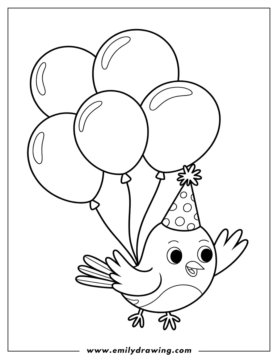 Line art of a cheerful bird wearing a party hat and holding a bunch of balloons.