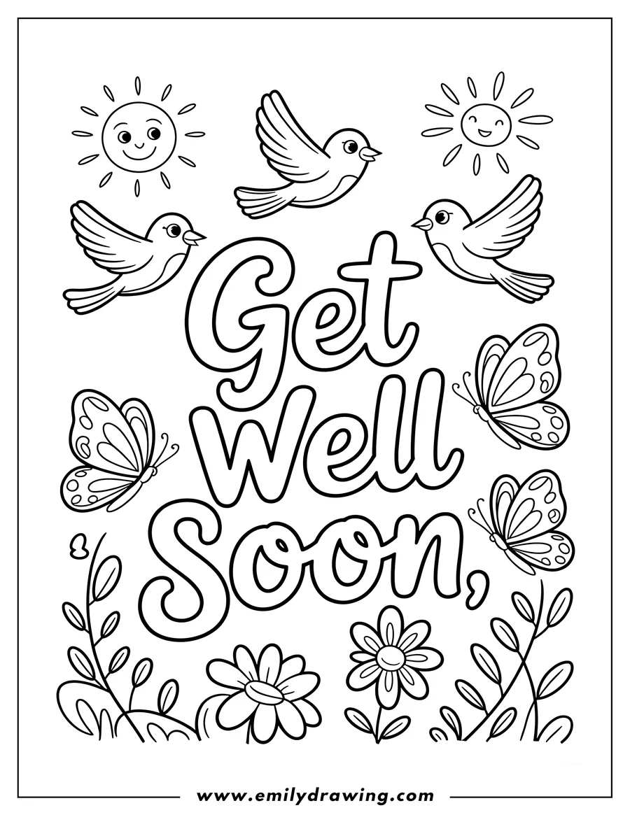Line art of birds, butterflies, flowers, and smiling suns around a 
