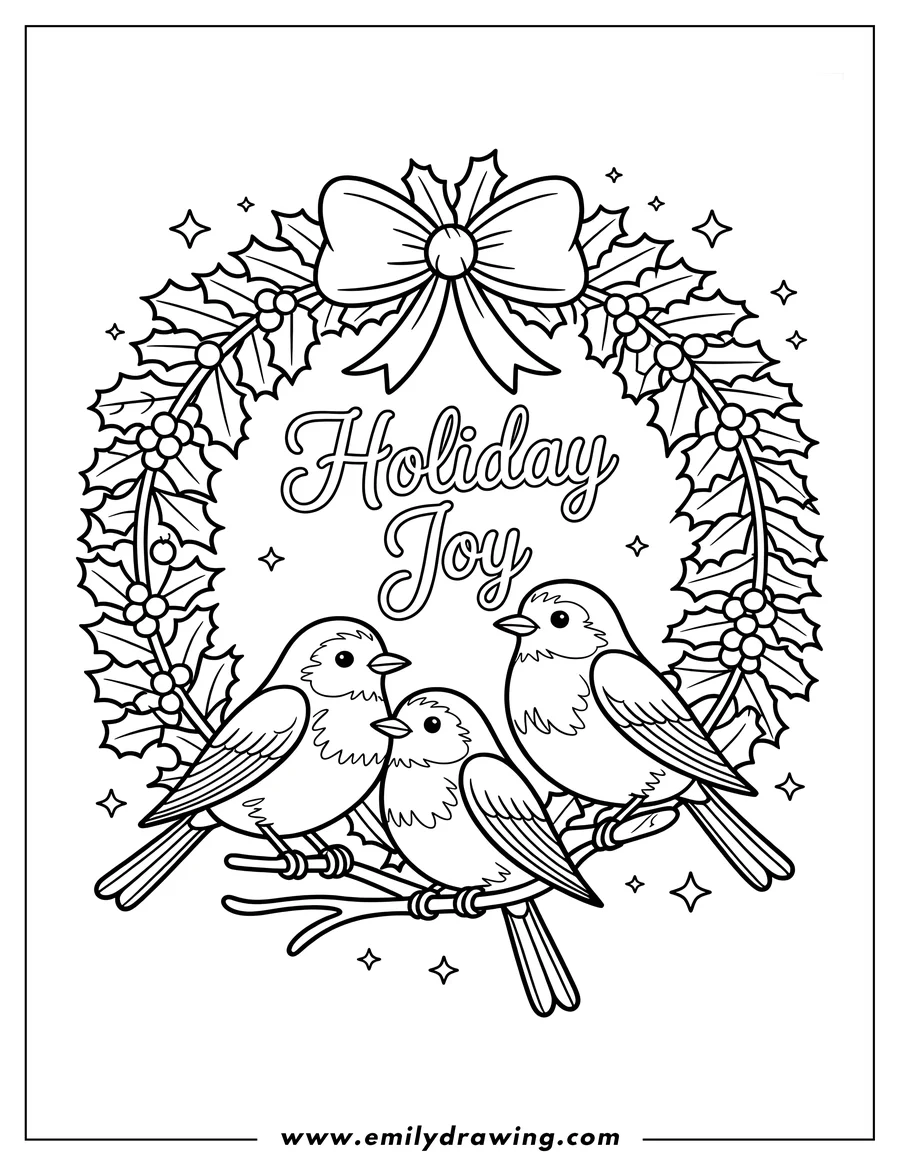 Outline of three birds perched on a branch within a decorated holiday wreath with berries and a bow.