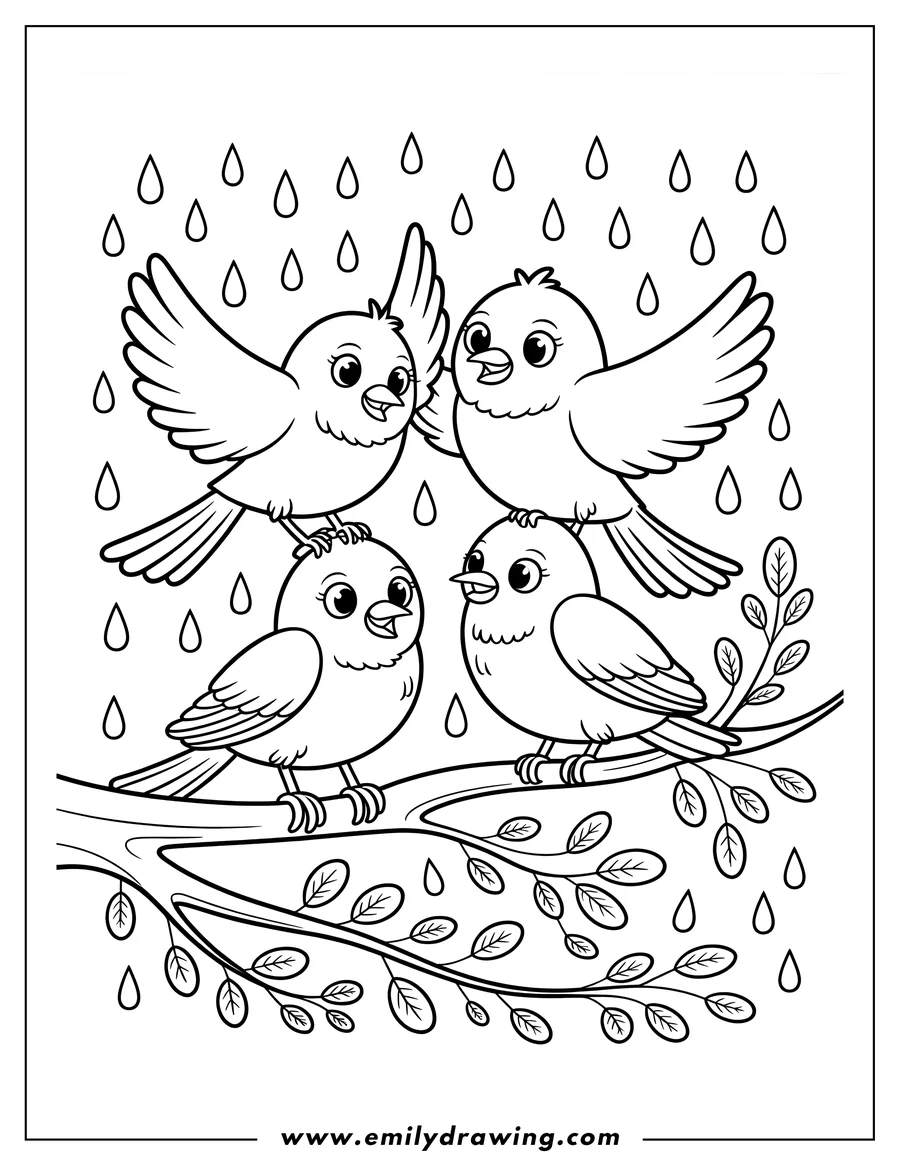 Line art of four birds perched on a leafy branch in the rain. Two birds are on top of two other birds. It is raining. The branch has leaves.
