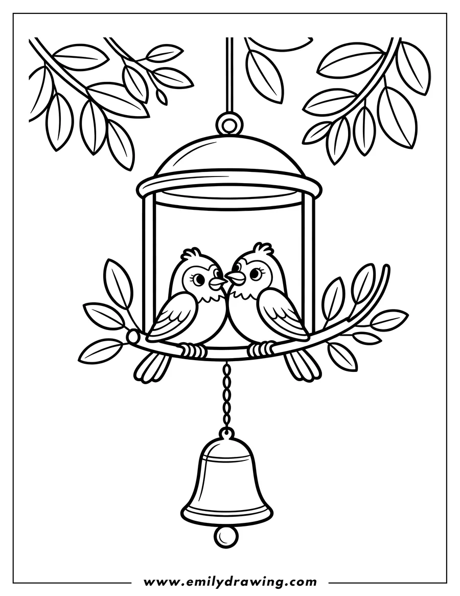 Two birds perched on a branch inside a wind chime structure, with leaves and branches surrounding it, and a bell hanging below.