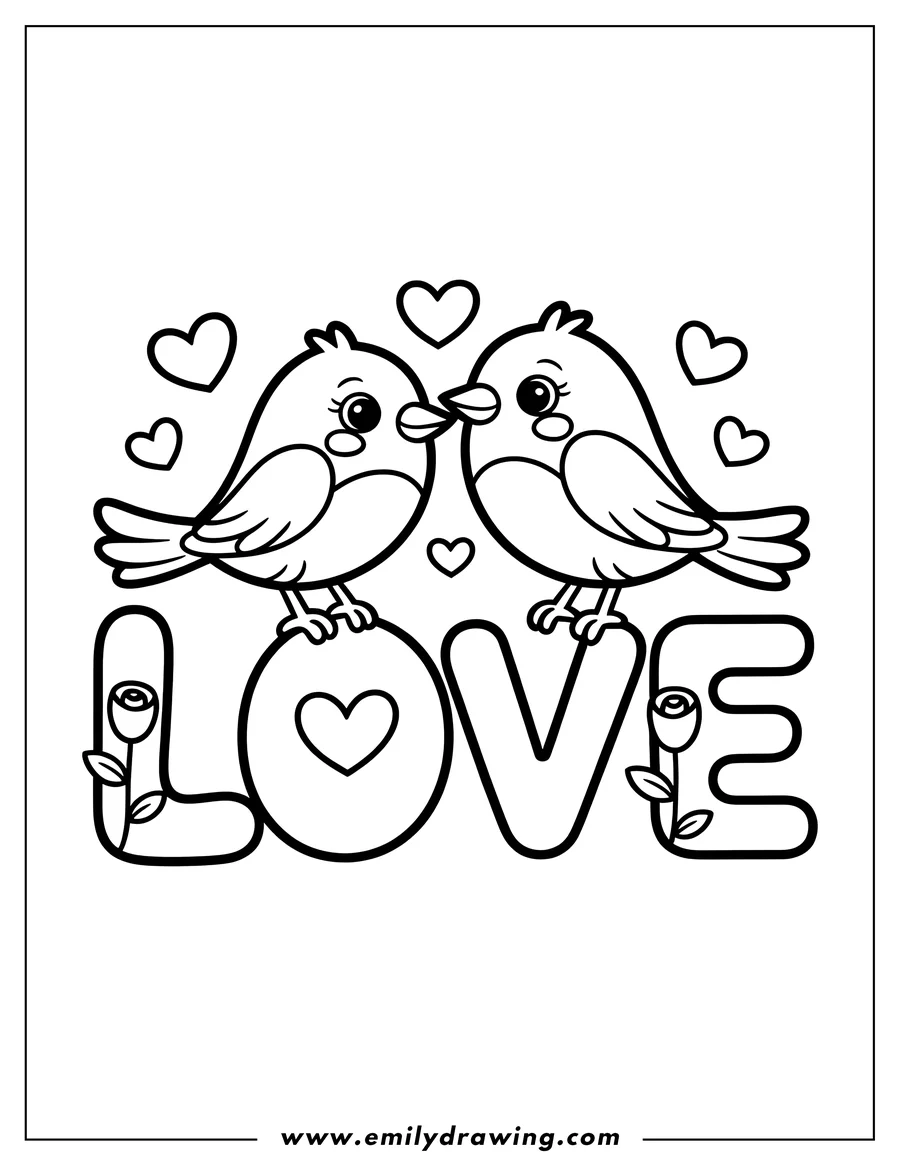 Two birds perched on the word 'love', surrounded by small hearts and roses.