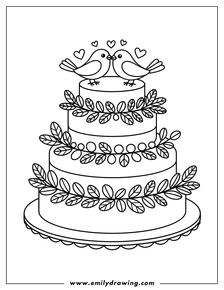 Outline of two birds perched atop a three-tiered wedding cake decorated with leaves and berries.