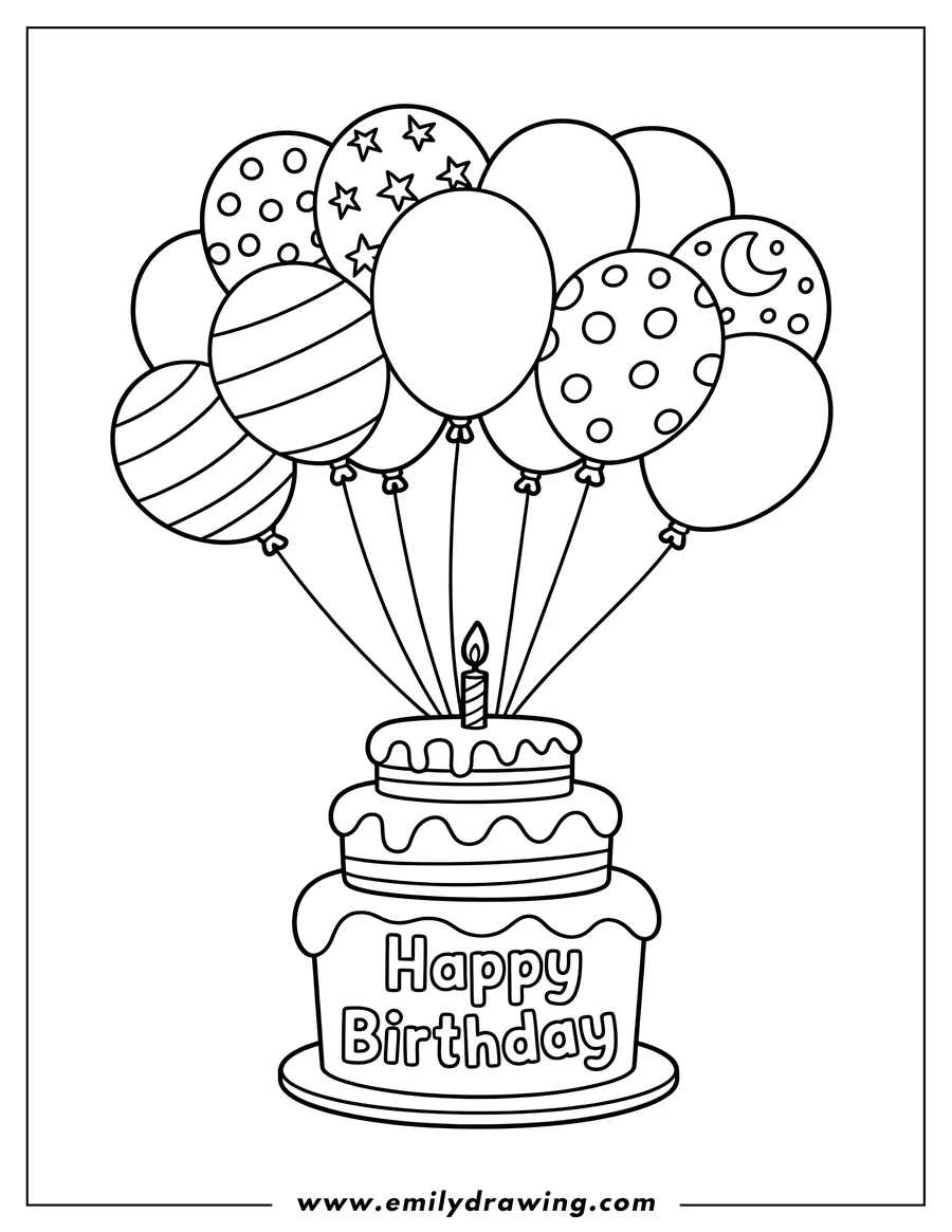 Outline of a birthday cake with a lit candle, topped with a bunch of patterned balloons.