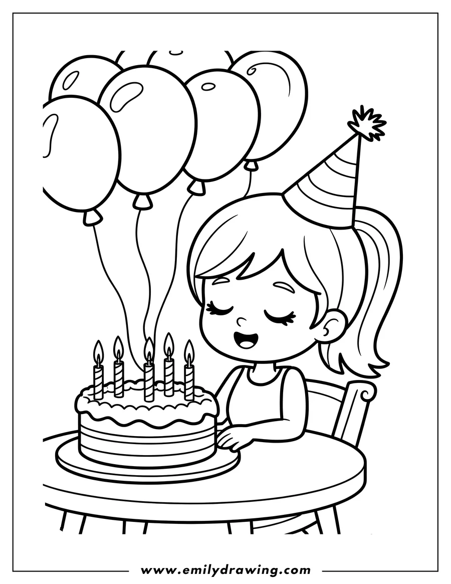 Outline of a birthday cake with lit candles on a table. Balloons float in the background. A girl with a party hat sits at the table, ready to celebrate.
