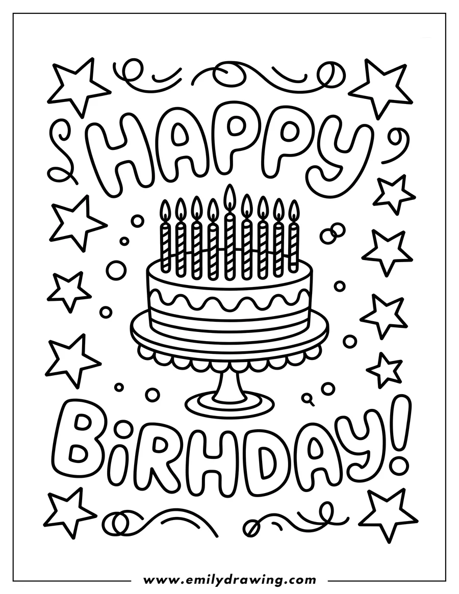 Outline of a birthday cake with candles on a cake stand. It's surrounded by stars and the words