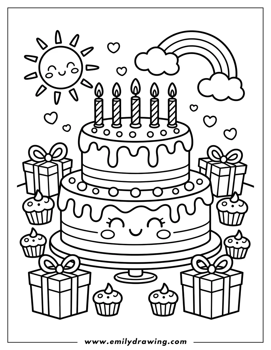 Outline of a two-tiered birthday cake with five lit candles on a cake stand, surrounded by wrapped presents and frosted cupcakes. A smiling sun and rainbow with clouds add to the festive scene.