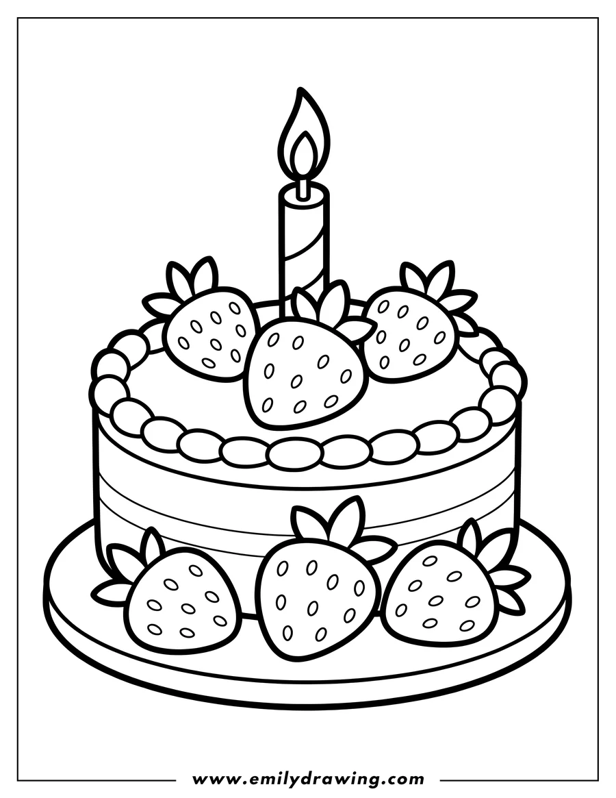 Outline of a birthday cake topped with a lit candle and decorated with strawberries