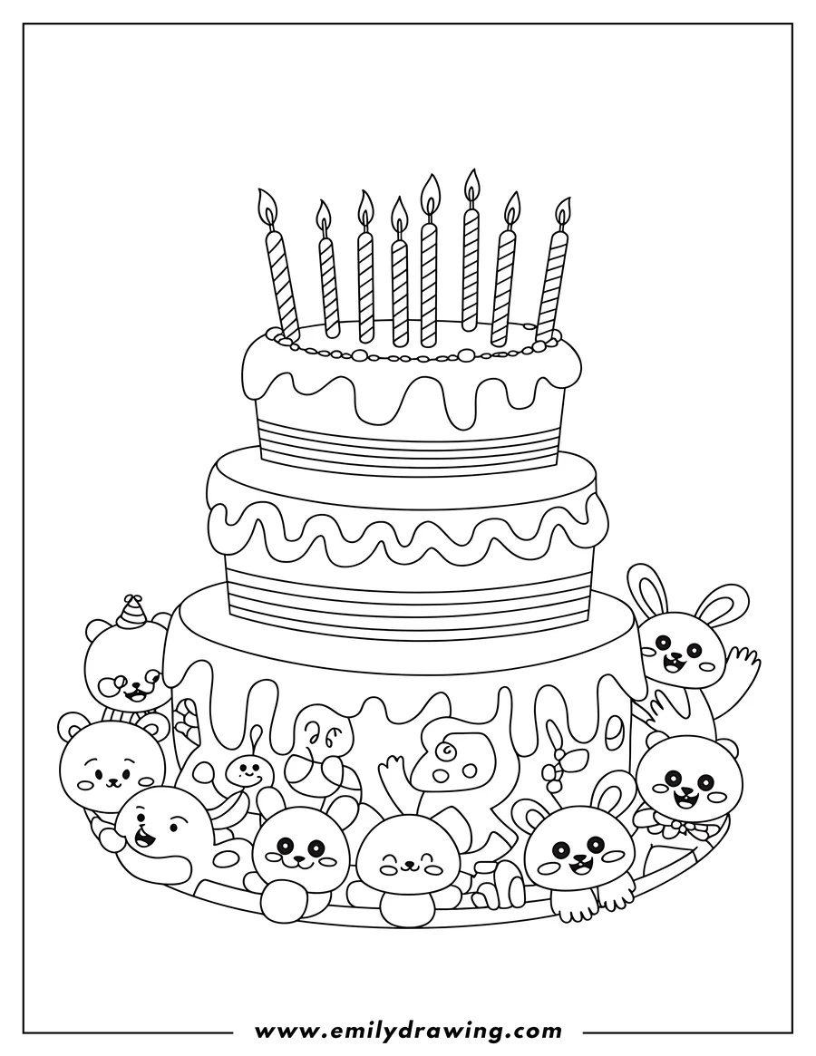 Outline of a two-tiered birthday cake with lit candles, surrounded by cute doodle animals like bears and rabbits.