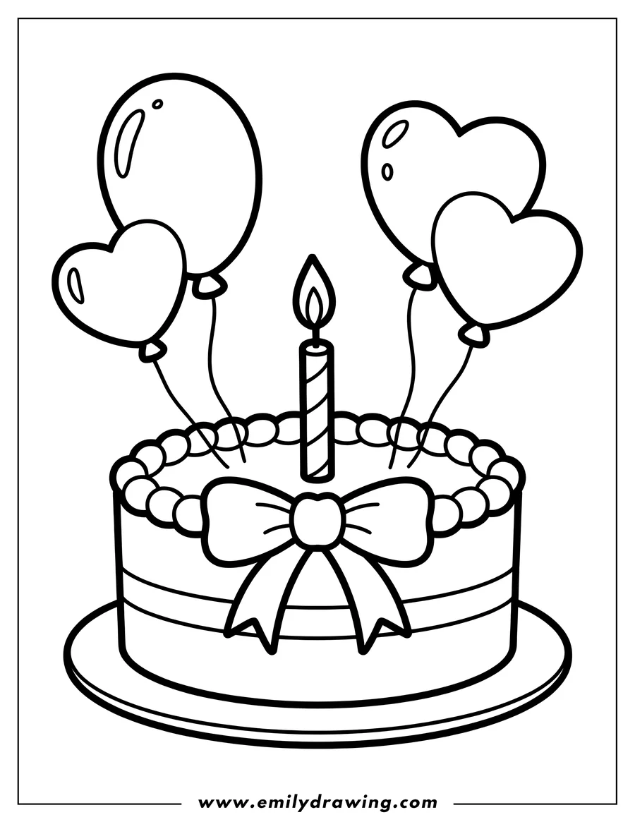 Outline of a birthday cake with a lit candle, a bow, and heart-shaped balloons.
