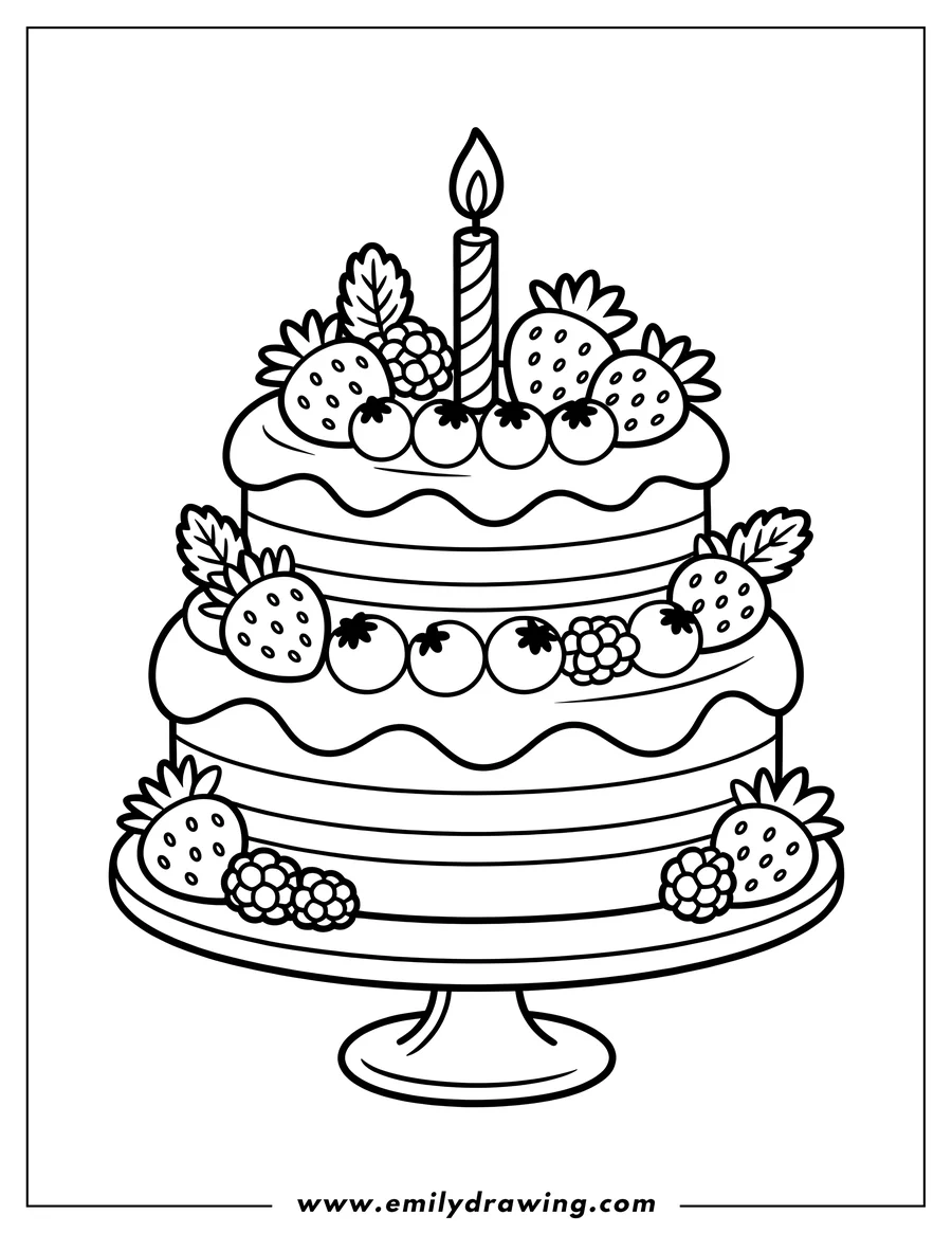 Outline of a two-tiered birthday cake with a lit candle on top, decorated with strawberries, blueberries, and raspberries.