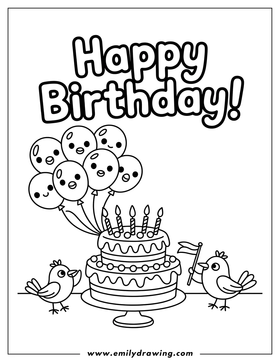 Outline of a layered birthday cake with candles and balloons. Two small birds stand beside the cake; one bird holds a small flag.