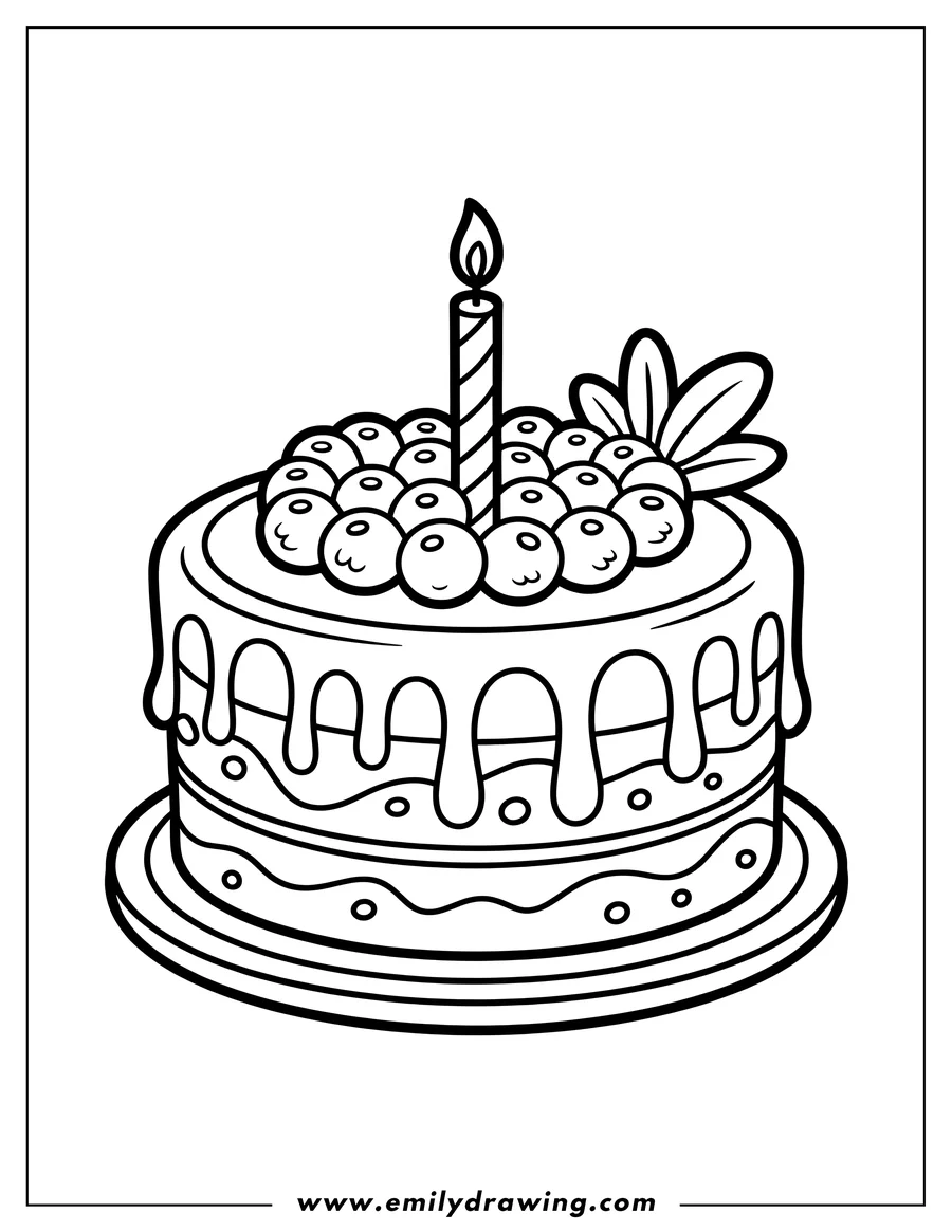 Outline of a birthday cake with a lit candle on top, decorated with frosting and berries.