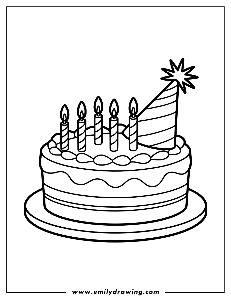 Outline of a birthday cake with five lit candles and a striped party hat on top.