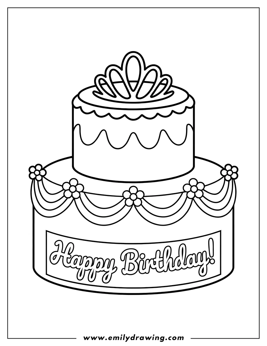 Outline of a two-tiered birthday cake with a crown on top, ribbons and flowers around the bottom tier, and a
