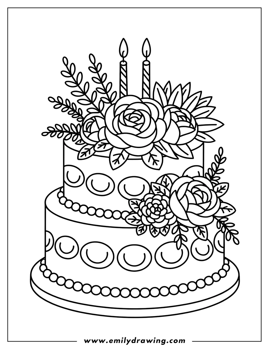Outline of a two-tiered birthday cake decorated with flowers and two lit candles.